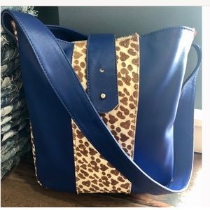 Leather Blue Leopard Print Shoulder Bag Bucket NWT